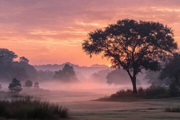 Misty sunrise over a tranquil landscape