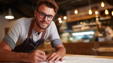establishment. Small business owner focused on work at restaurant table with blurred background. pitch deck slides, case study pages, designed for brand storytelling and e-commerce strategy.