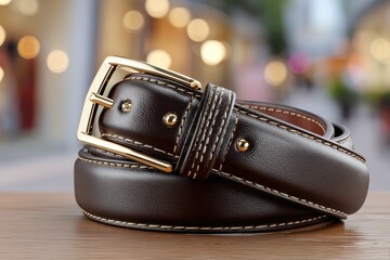 Elegant brown leather belt with gold buckle resting on wooden surface in a blurred outdoor shopping background