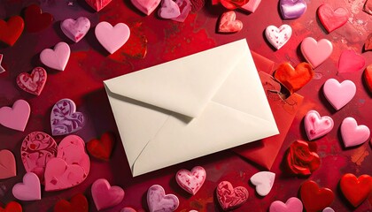 White Envelope on Red Background with Pink Hearts