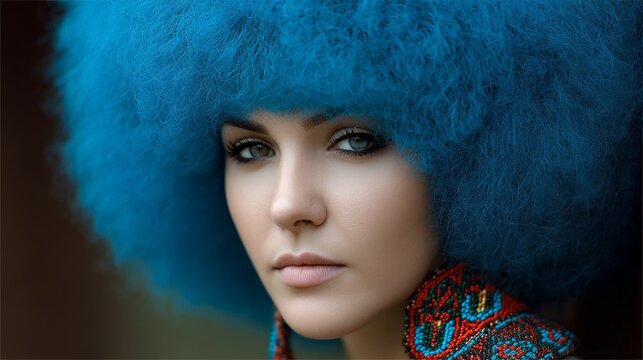 A woman with a blue afro and red earrings