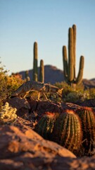 Coyote Walking Among Cacti in Desert Landscape at Sunset