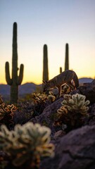 Coyote Walking Among Cacti at Sunset in Desert Landscape