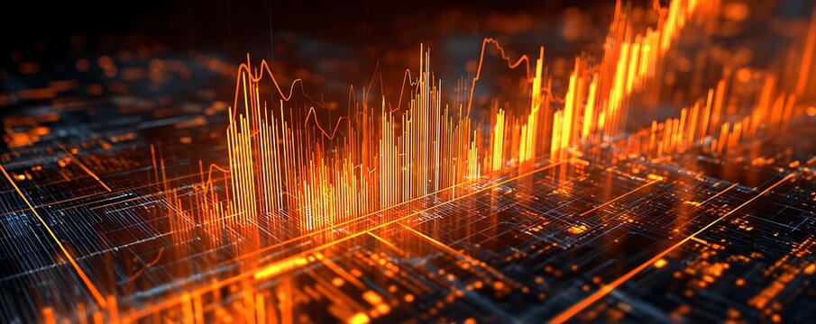 Sharp neon charts and AI computations layered over orange tech circuits