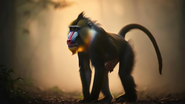 A mandrill in a misty forest