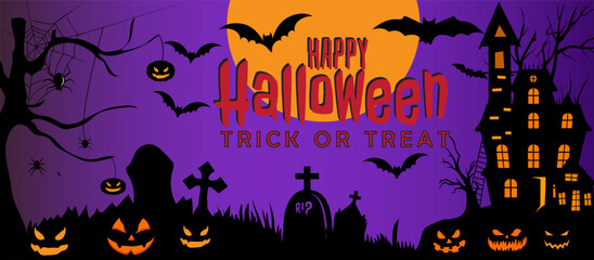 Halloween banner with haunted house, glowing pumpkins, tombstones, bats, spiderwebs,