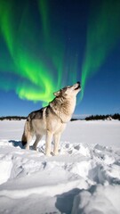 Majestic Wolf Howling Under Colorful Northern Lights in Snowy Landscape