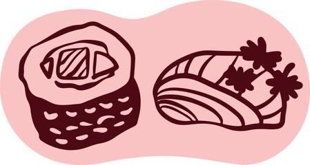 Sushi japanese food logo for sushi restaurant or delivery. Hand drawn elements for menu design, vector colorful illustration collection.	