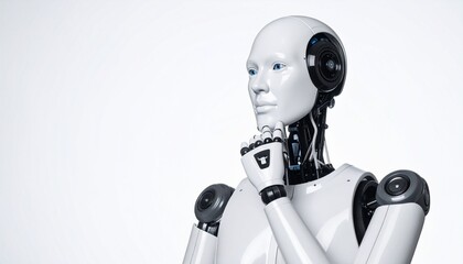 Naklejka premium Humanoid robot in thought—sleek intelligence meets synthetic contemplation white background
