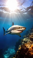 Majestic Shark Swimming in Bright Ocean Waters with Sunlight