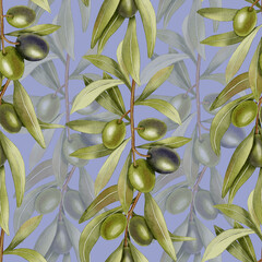 Hand-painted watercolor seamless pattern with green and black olive branches and leaves. Olive branches, leaves and fruits. For menu, packaging design, wedding