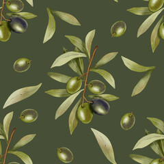 Olive branches, leaves and fruits. Hand-painted watercolor seamless pattern with green and black olive branches and leaves. For menu, packaging design, wedding