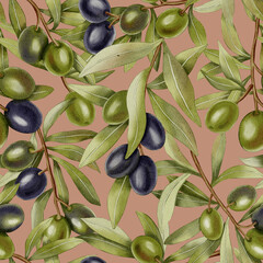 Hand-painted watercolor seamless pattern with green and black olive branches and leaves. Olive branches, leaves and fruits. For menu, packaging design, wedding