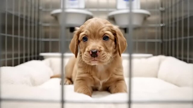 A tiny, vulnerable puppy, a crying dog, captures hearts with its melancholic gaze while waiting alone in a sterile kennel enclosure