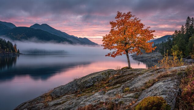 A serene lake scene at sunrise, featuring a lone vibrant autumn tree silhouetted against a misty mountain backdrop, showcasing a peaceful and colorful autumnal ambiance.