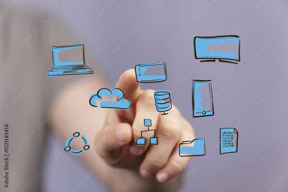 Poster hand interacting with digital icons representing network, cloud, data, and technology.