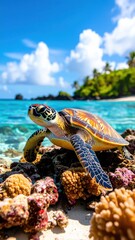 Vibrant Sea Turtle on Rocky Shoreline Under Bright Blue Sky