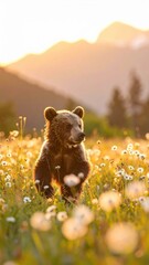 Grizzly Bear Cub Running Through Blooming Wildflower Meadow