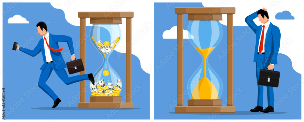 Poster businessman running from hourglass with falling money and another man standing confused by empty hou