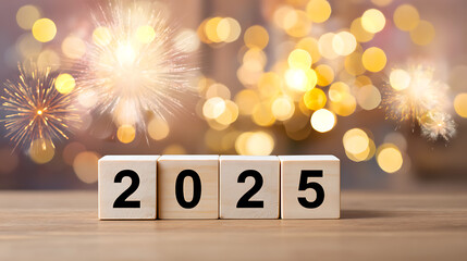Happy New Year 2025. Numbers on wooden cubes with festive bokeh background. Celebration, holiday, and New Year concept.