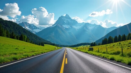 Naklejka premium Asphalt Pathway Through Verdant Meadows Towards Majestic Snow-Capped Peaks Under a Bright Sunny Sky