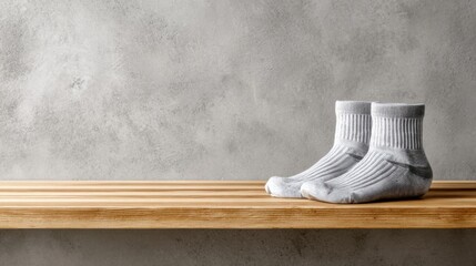 Cozy gray athletic socks on wooden shelf with textured gray wall in background