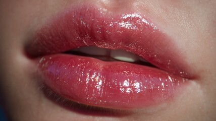 Naklejka premium ツヤのある赤いグロスを塗った唇のクローズアップ。美容やメイクアップのイメージ素材