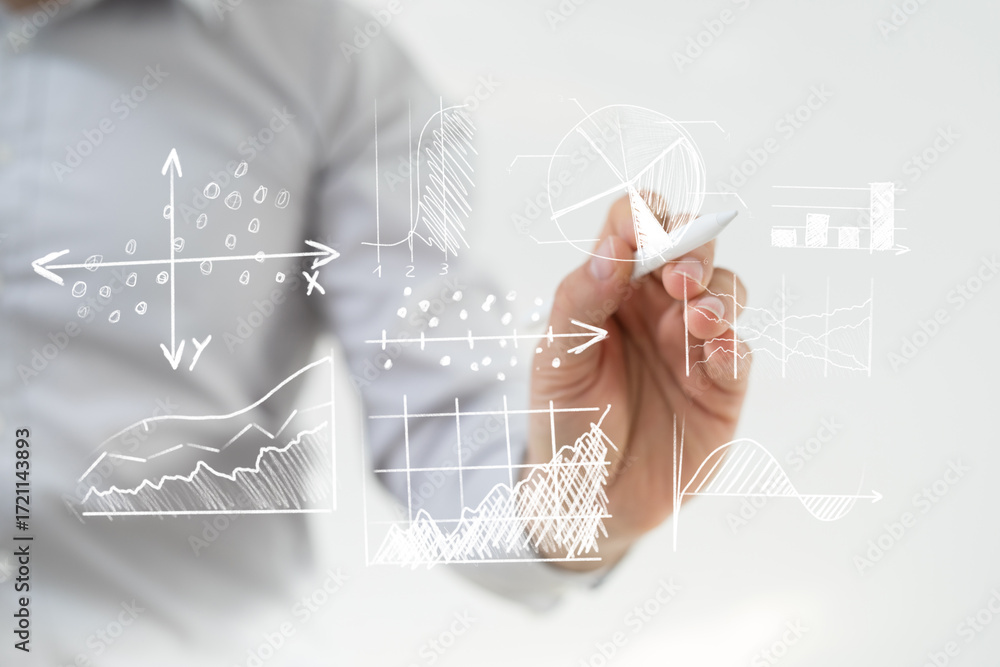 Poster hand drawing various charts and graphs, visualizing data analysis and strategic planning. perfect fo