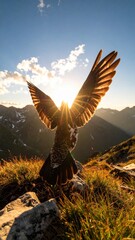 Majestic Bird Spreading Wings Against Golden Sunset in Mountain Landscape