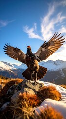 Majestic Bird Spreading Wings in Mountain Landscape with Snow