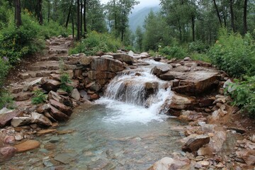 Mountain stream cascading over rocks, trail beside