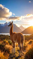 Stunning Patagonia Landscape with Guanaco at Dawn in Nature