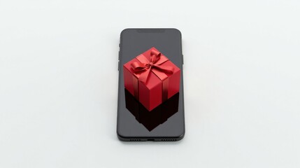 A Red Gift Box Rests Atop a Sleek Modern Smartphone on a Plain White Background, Symbolizing Online Gift Giving and Digital Commerce