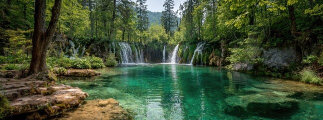 Lush forest surrounds a tranquil emerald pool with cascading waterfalls