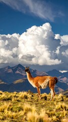 Majestic Lama in Andean Landscape with Dramatic Clouds Above
