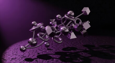Abstract geometric shapes floating in purple space, creating a futuristic scene.