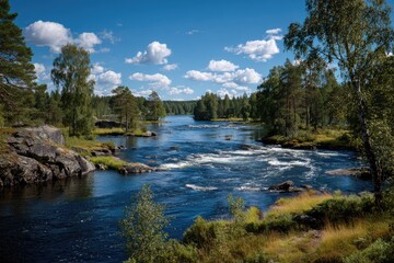 River flowing through a boreal forest, sunlit, blue water, and rocky shores