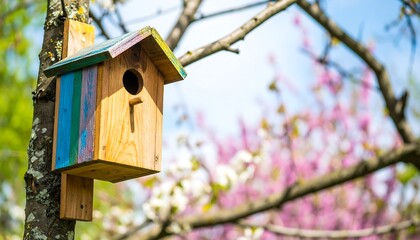 Colorful birdhouse on tree with blooming flowers