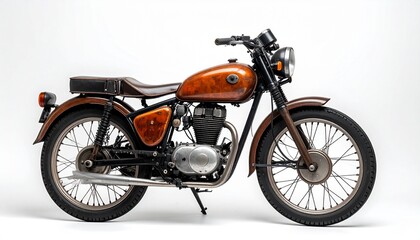 Vintage motorcycle on white background—chrome, leather, and timeless craftsmanship in motionless elegance.