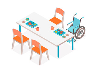 Isometric illustration of nursing home dining hall with wheelchair accessible tables