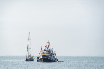 The Sumud Flotilla anchored off the coast of Sidi Bou Said, Tunisia, during its voyage as part of...