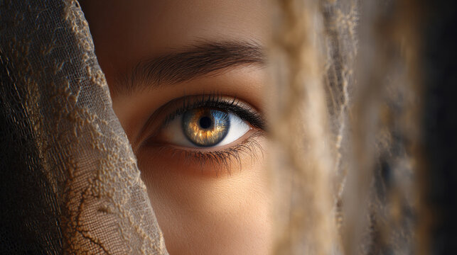Beautiful, unusual, bright eye close-up with details of light blue iris. Ophthalmologist, buying glasses and optics, advertising vision