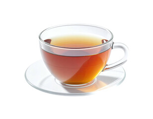 Clear glass teacup filled with amber liquid, resting on a saucer