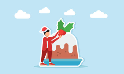 Man in red outfit and Santa hat holding cherry near pudding illustration of Christmas holiday celebration