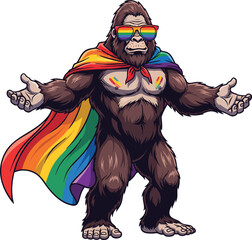 Fototapeta premium Cartoon Bigfoot with Rainbow Pride Cape and Sunglasses – Funny LGBTQ Sasquatch Character Illustration