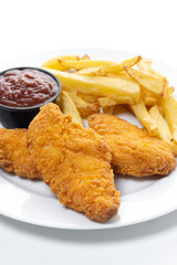 Crispy fried chicken tenders with french fries isolated on white background