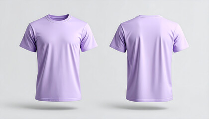 Front and back view of a plain, short-sleeved, crew neck t-shirt in a soft lavender or lilac color, elegantly displayed on a white background for mockup purposes