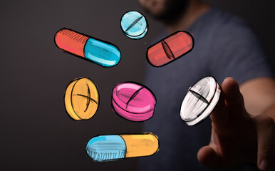 Image of hand interacting with digital pills.  Perfect for healthcare, medicine, pharmacy, and technology concepts.