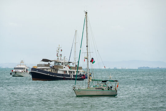 Fototapeta The Sumud Flotilla anchored off the coast of Sidi Bou Said, Tunisia, during its voyage as part of an international solidarity initiative to support Gaza