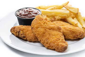 Crispy fried chicken tenders with french fries isolated on white background
